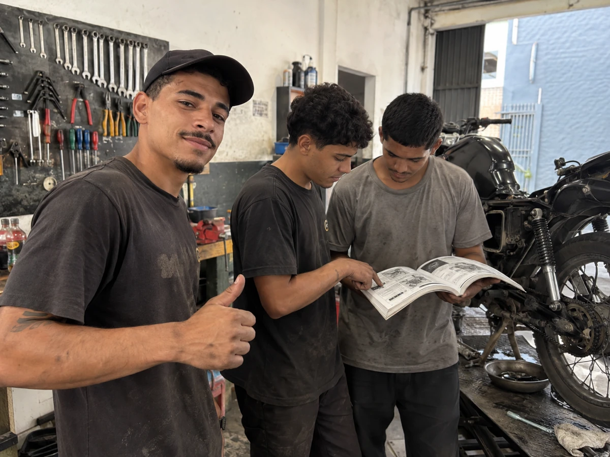 Três jovens mecânicos em uma oficina brasileira, um fazendo sinal positivo e dois consultando um manual técnico